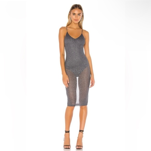 NWT REVOLVE SUPERDOWN Justene Sheer Glitter Dress Grey S - Picture 3 of 11